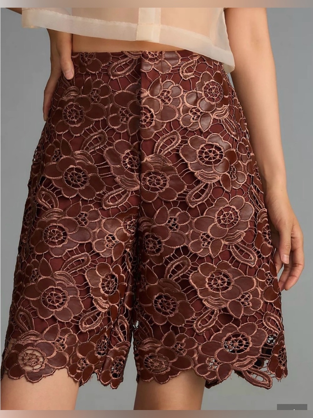 Anthropologie faux leather lace floral shorts Lined. Front zip Chocolate color 6